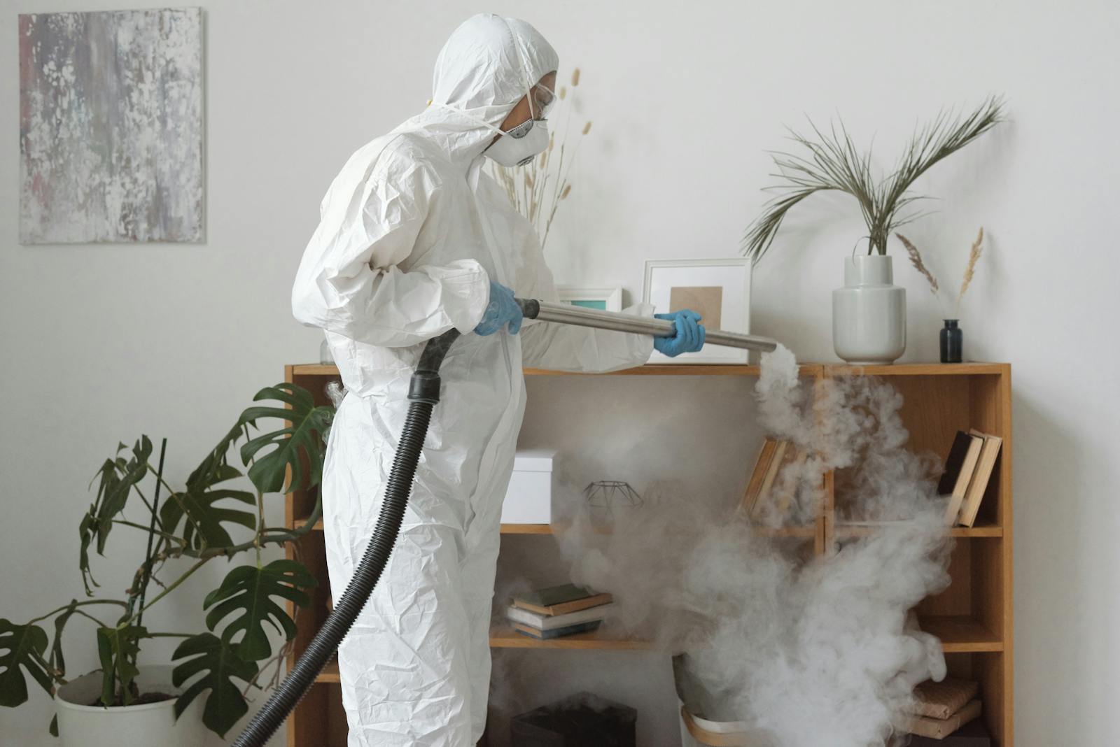 Protective-suit technician preparing a cleanup area